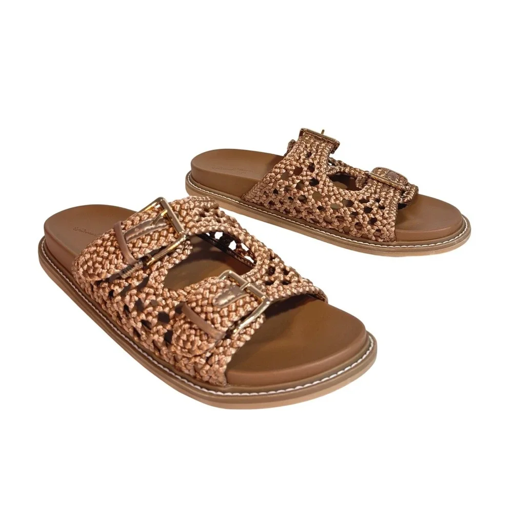 Universal Thread Kylie Tan Bronze Woven Double Buckle Slide Sandals Size 11
